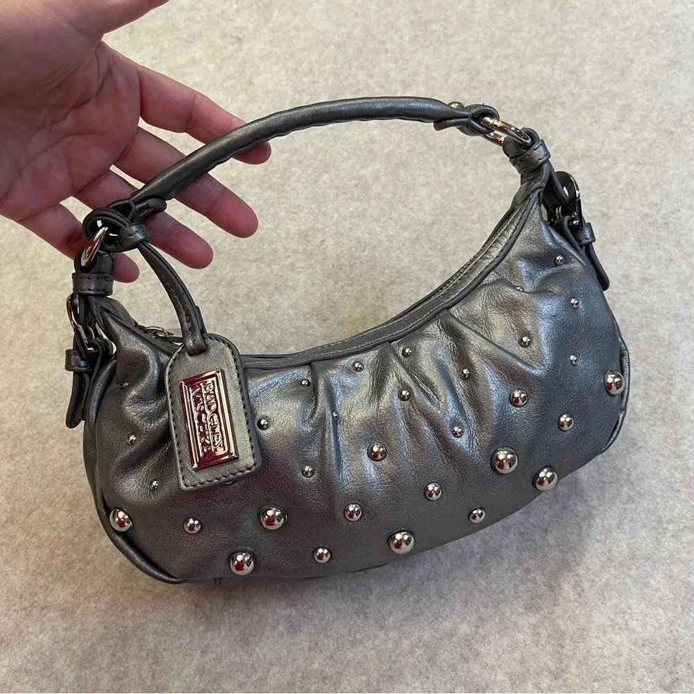 Badgley Mischka Gray Silver Studded Crescent Small Hobo Bag Purse